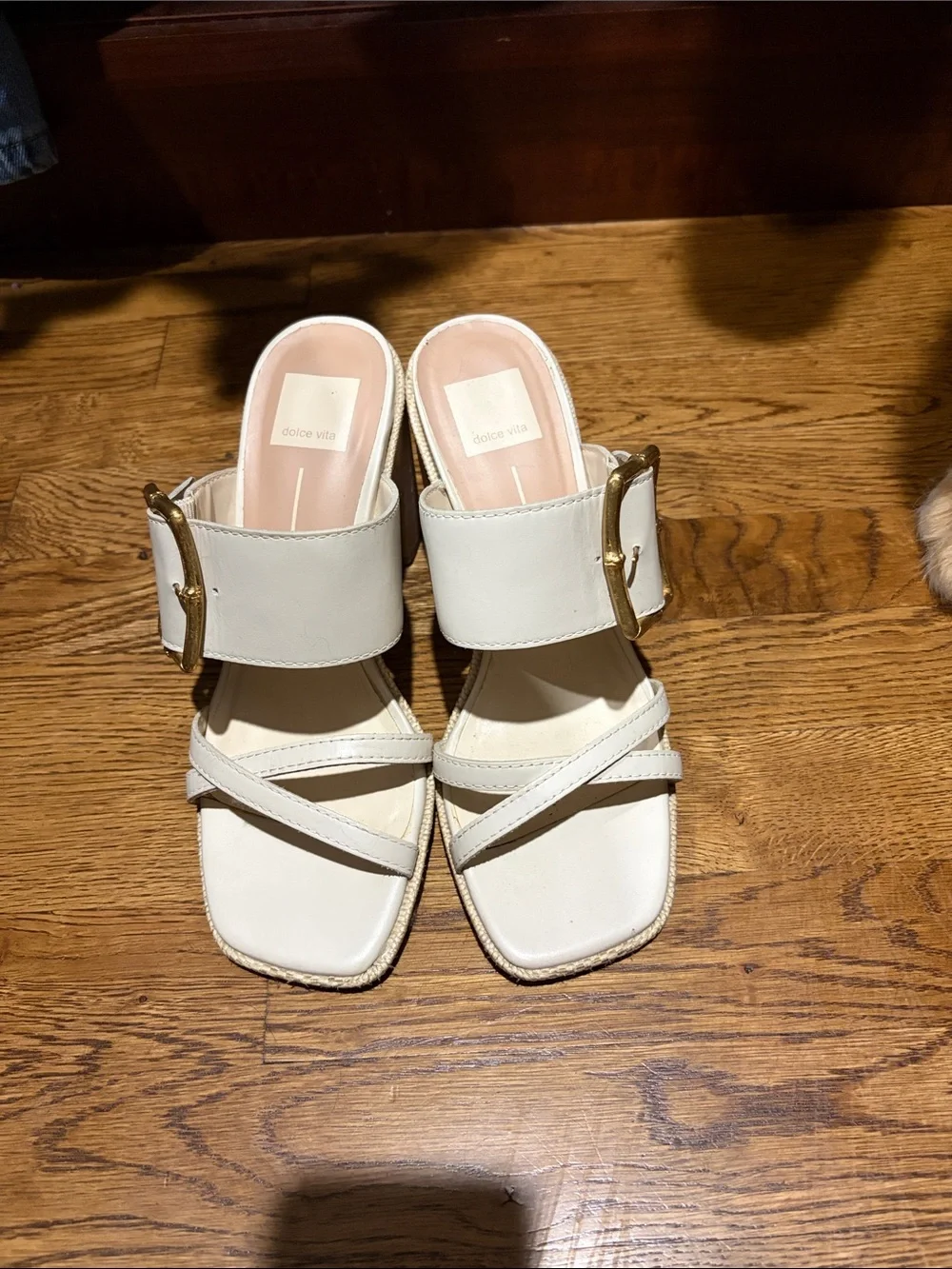 Dolce Vita Cream Buckle Strap Square-Toe Heeled Mules